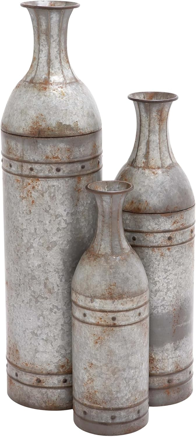 DecMode Farmhouse Cylinder Shape Extra Large Silver Distressed Metal Floor Vases, Set of 3, 43", 33", 25"H