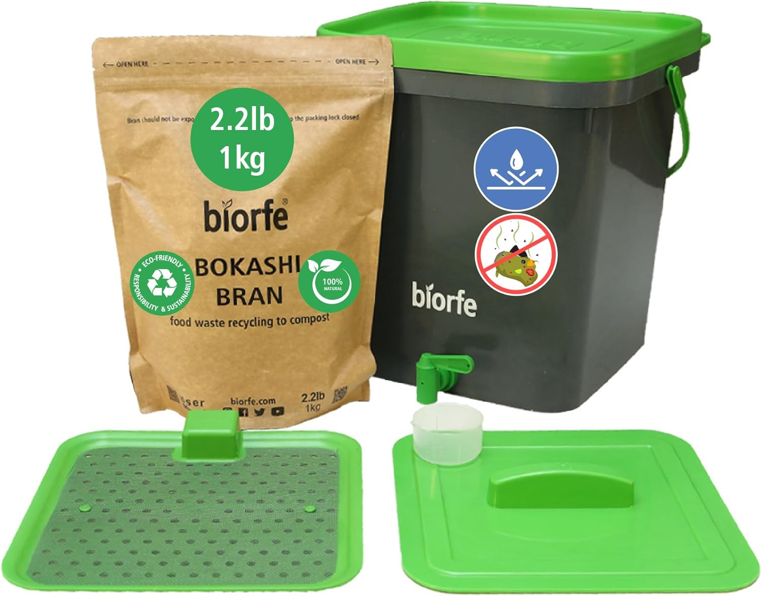 Biorfe Indoor Bokashi Compost Bin, 5.3 Gallons Anthracite Composter Set with 2.2 lbs Bokashi Bran
