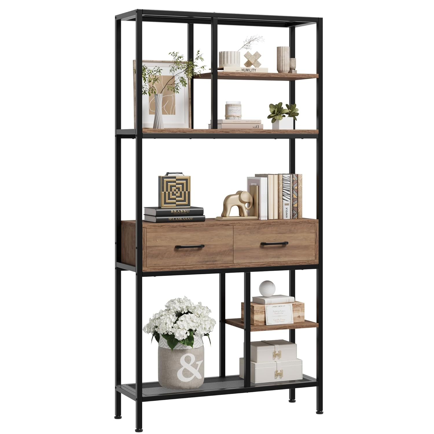 Tall White and Brown Adjustable Baker's Rack with Metal Frame