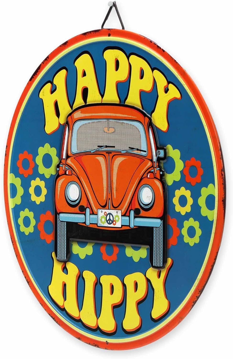 Volkswagen Happy Hippy Round Metal Sign - Fun VW Beetle Sign for Garage or Man Cave