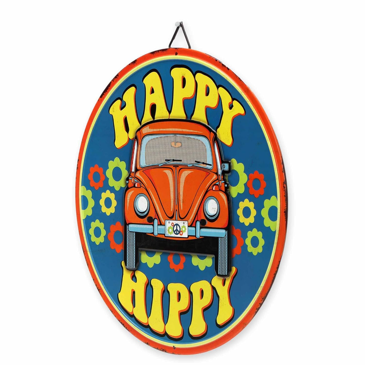 Volkswagen Happy Hippy Round Metal Sign - Fun VW Beetle Sign for Garage or Man Cave