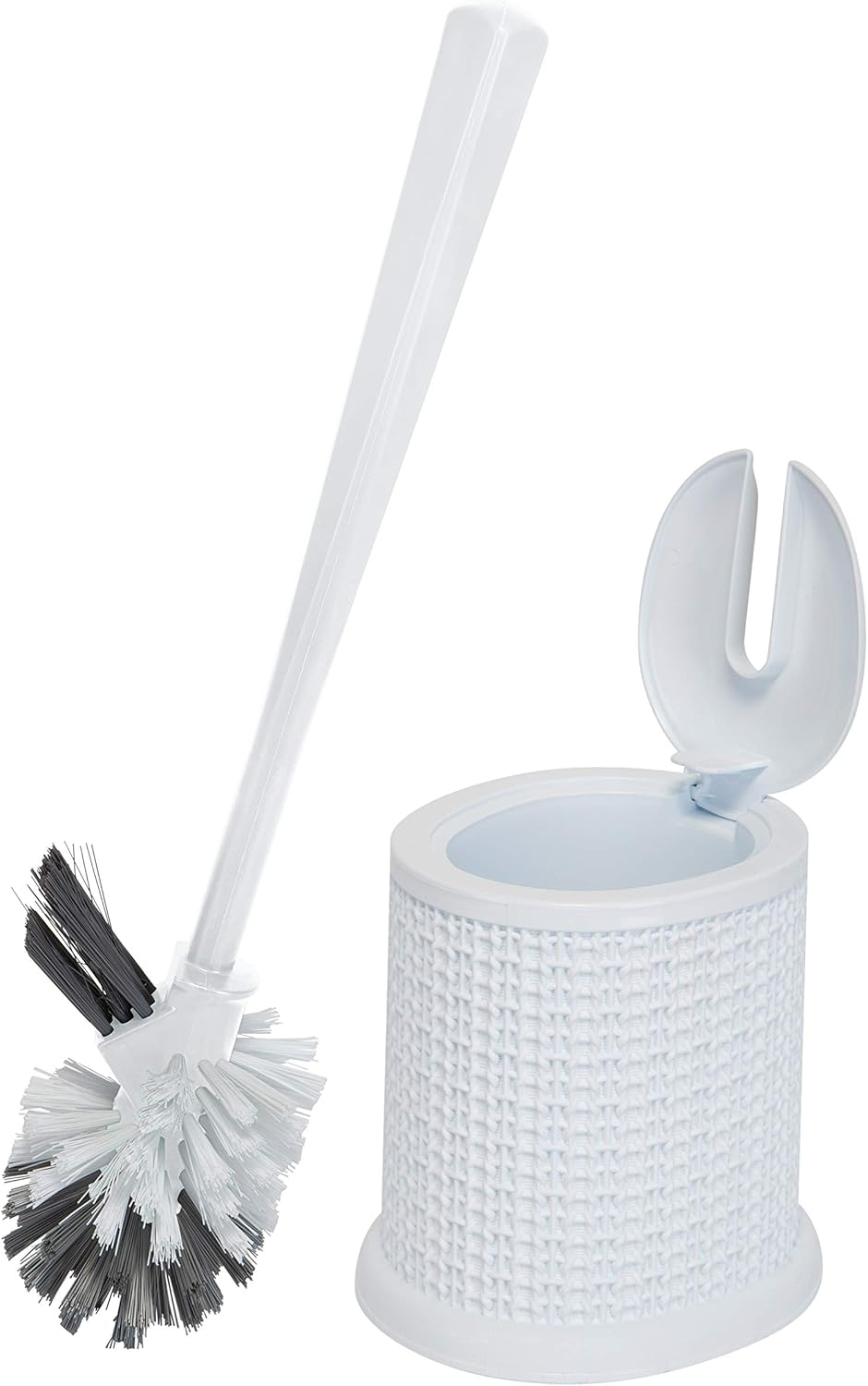 Bath Bliss Self Closing Lid Toilet Brush with Rim Scrubber in Sailor Knot Design, White
