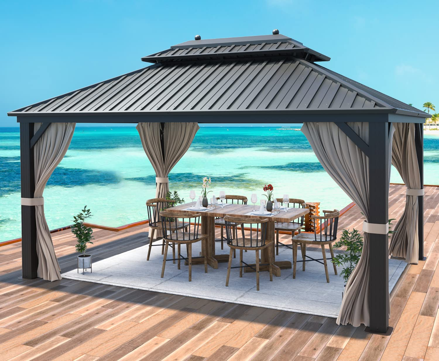 MELLCOM 10'x13' Hardtop Gazebo Double Roof Galvanized Steel Canopy with Aluminum Frame, Permanent Metal Pavilion with Netting and Curtains for Patio, Gardens and Lawns