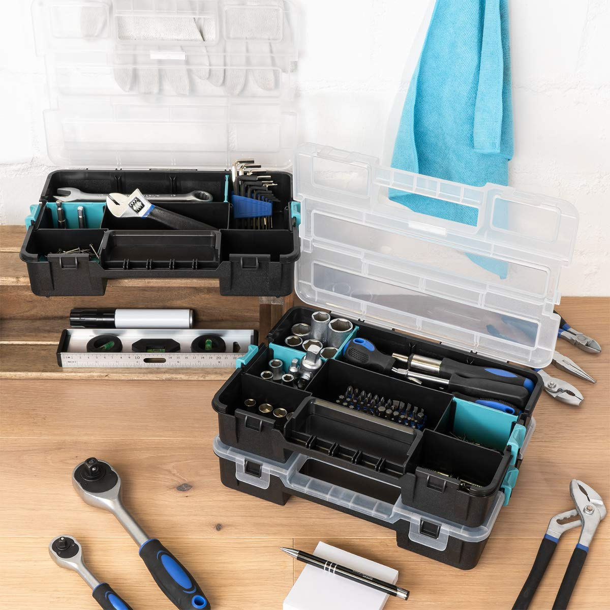 Navaris Plastic Storage Box - Stackable Organizer Case with Adjustable and Removable Divider Compartment for Tools, Small Items, Jewelry - 3 Boxes