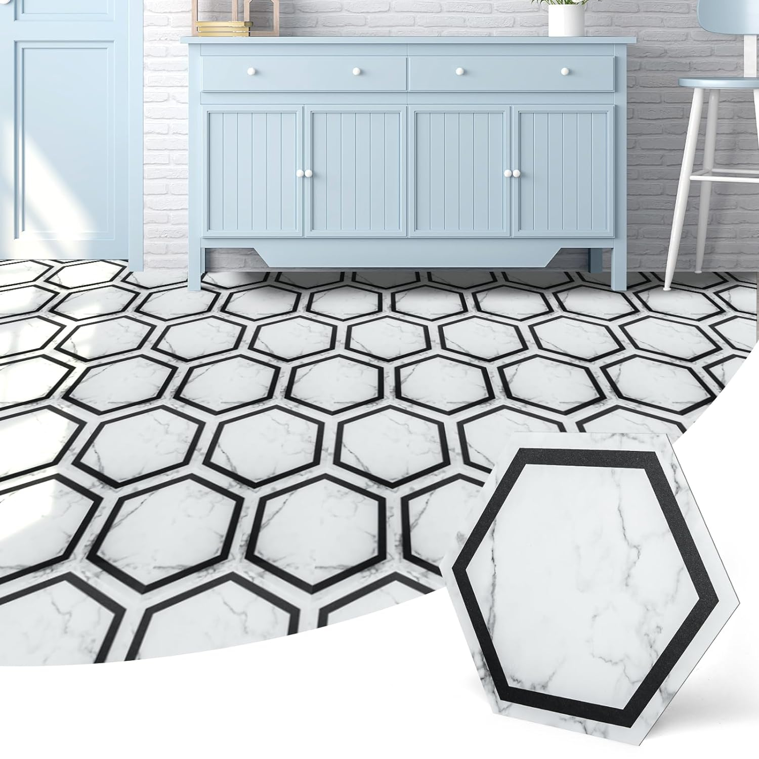 Hexagon White Marble Self-Adhesive Vinyl Floor Tiles