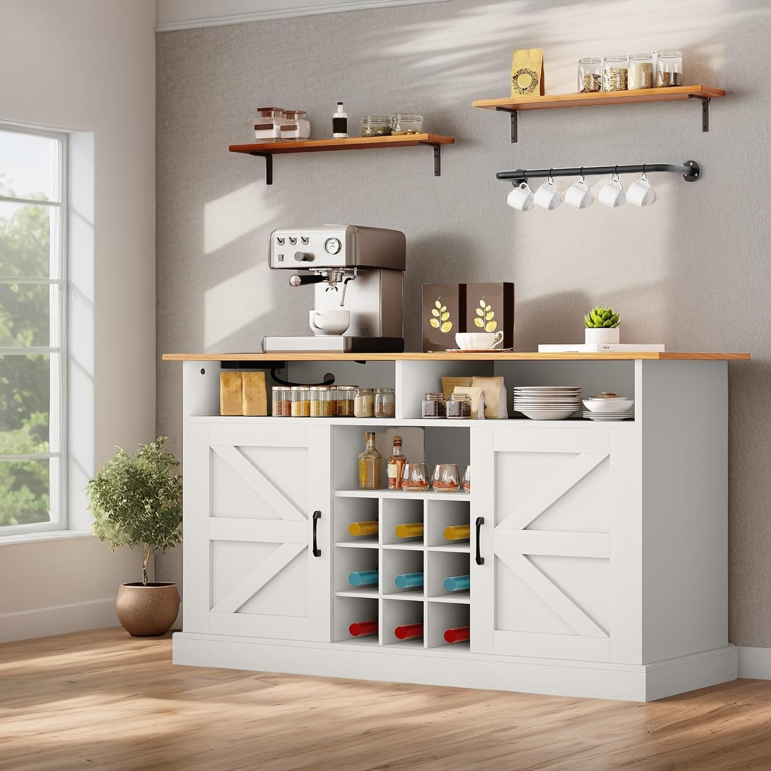 YITAHOME Sideboard Buffet Cabinet, 52" Farmhouse Coffee Bar with Power Outlet, Floating Shelves, Wine Storage for Kitchen & Living Room (White)