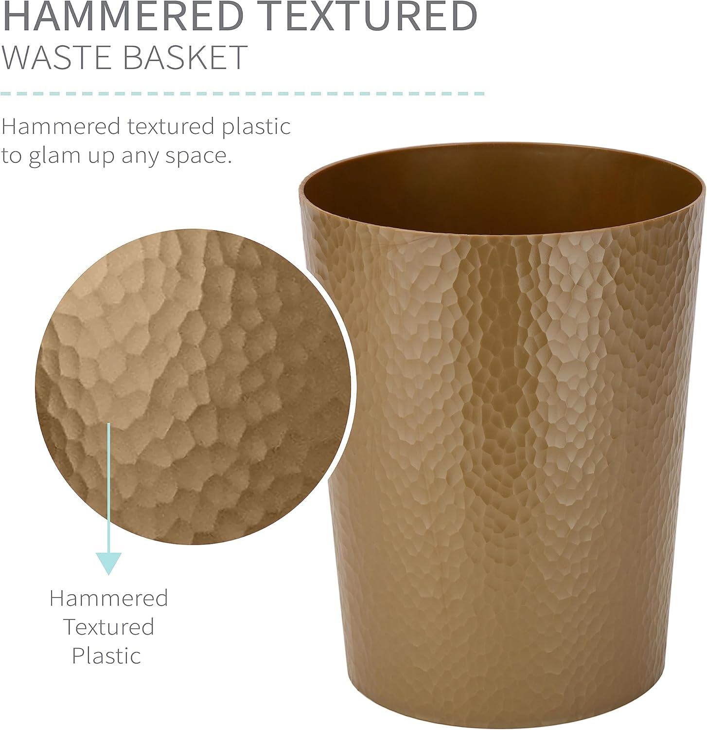 Bath Bliss 2 Pack 10 Liter Hammered Textured Bathroom Trash Can in Gold