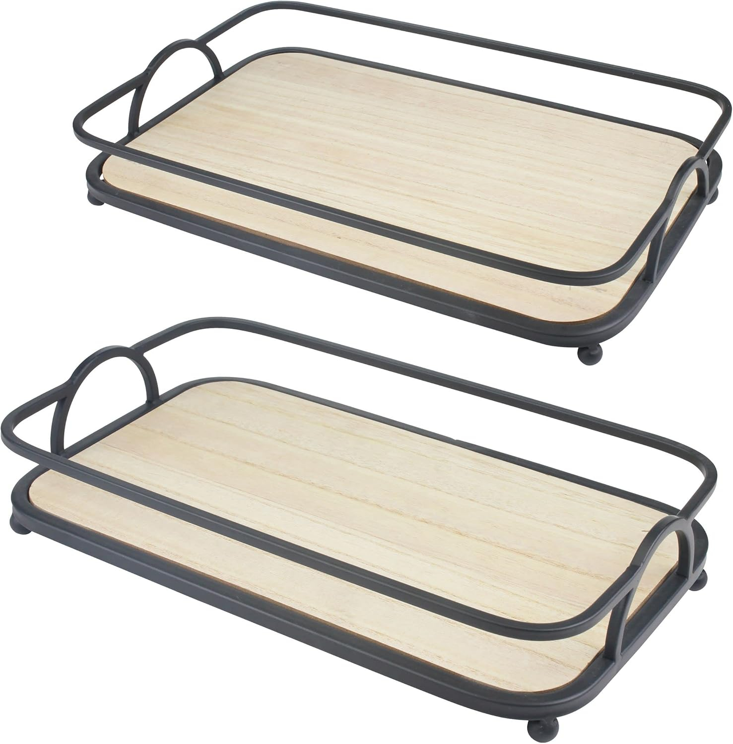 Stonebriar Solid Wood and Metal Decorative Tray Set, Black, 2 Pieces, 16.3" x 10.4"