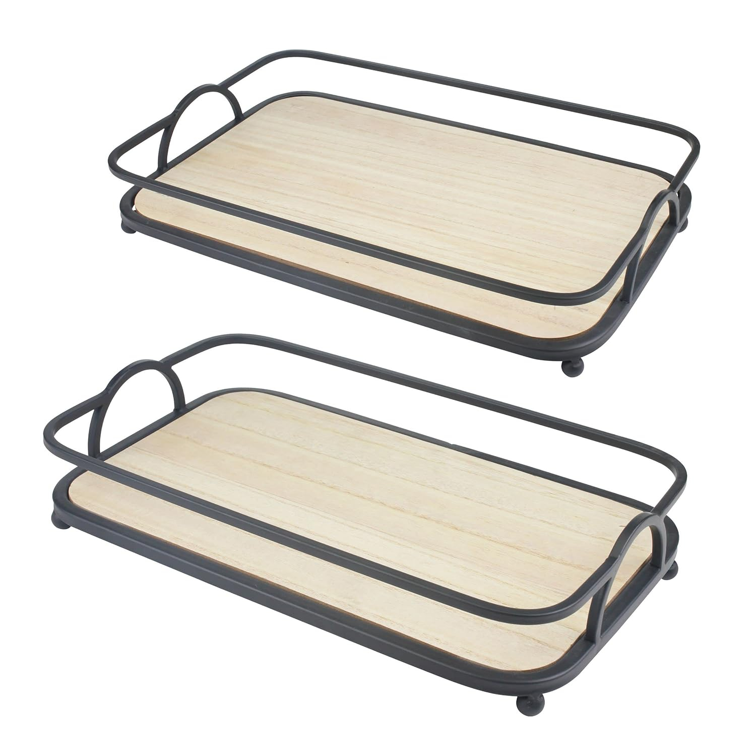 Stonebriar Solid Wood and Metal Decorative Tray Set, Black, 2 Pieces, 16.3" x 10.4"