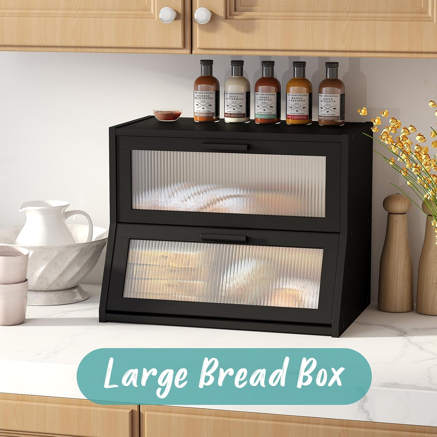Black Large Bread Box for Kitchen Counter, Bamboo Wooden Double Layer Large Capacity Bread Storage Bin with Acrylic Wavy Door Panel (Black)