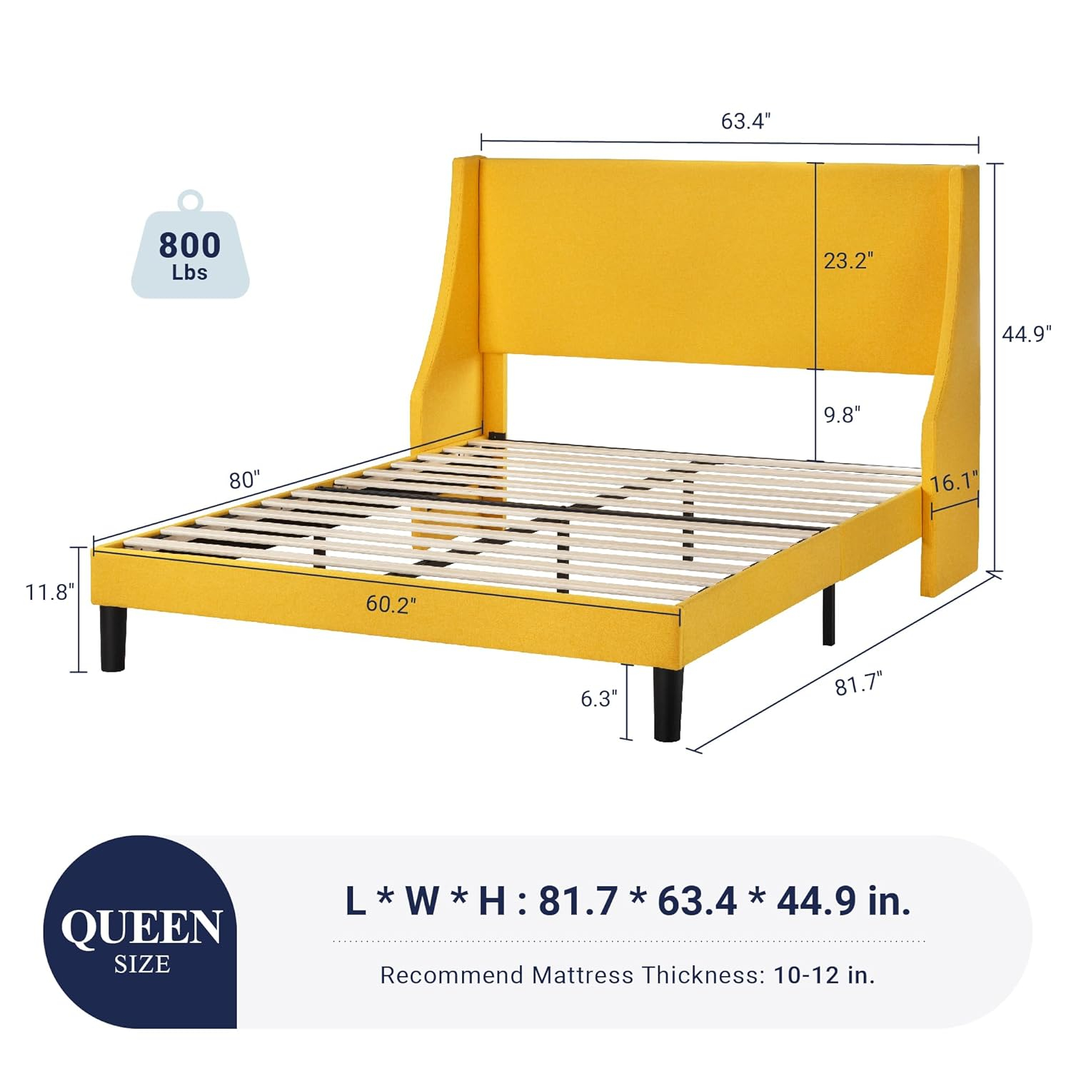Allewie Platform Bed Frame Queen Size with Upholstered Headboard, Modern Deluxe Wingback, Wood Slat Support, Mattress Foundation, Light Yellow