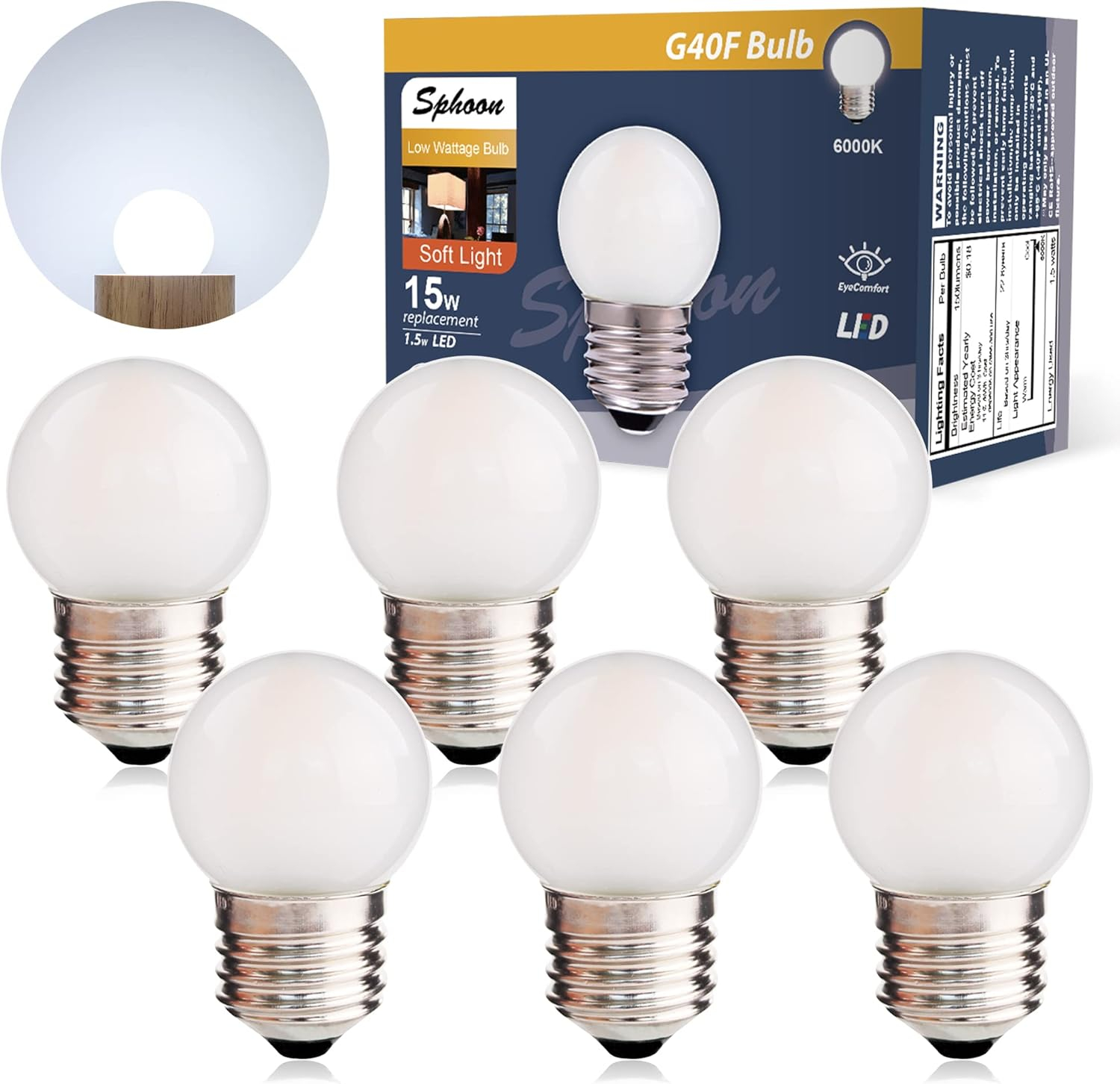 Globe Led Low Watt Light Bulbs 1.5W Equivalent 15 watt Soft White 6000k Frosted, Tiny G40 Bulbs for Bed-Side Table, Vanity Mirror, Porch, Home Decor, E26 Base Low Lumens Light Bulbs, Pack of 6