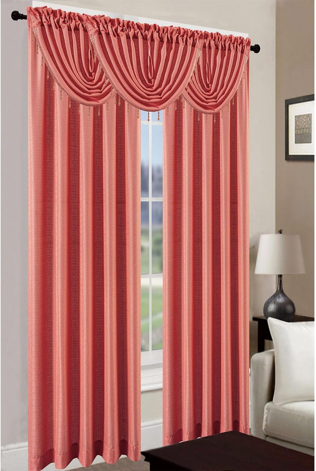 Leah Jacquard Textured Window Panel & Waterfall Valance Treatments, for Home Spaces, Rod Pocket, Light Filtering, All Sold Separately (Coral, Panel - 54x84 Inches)