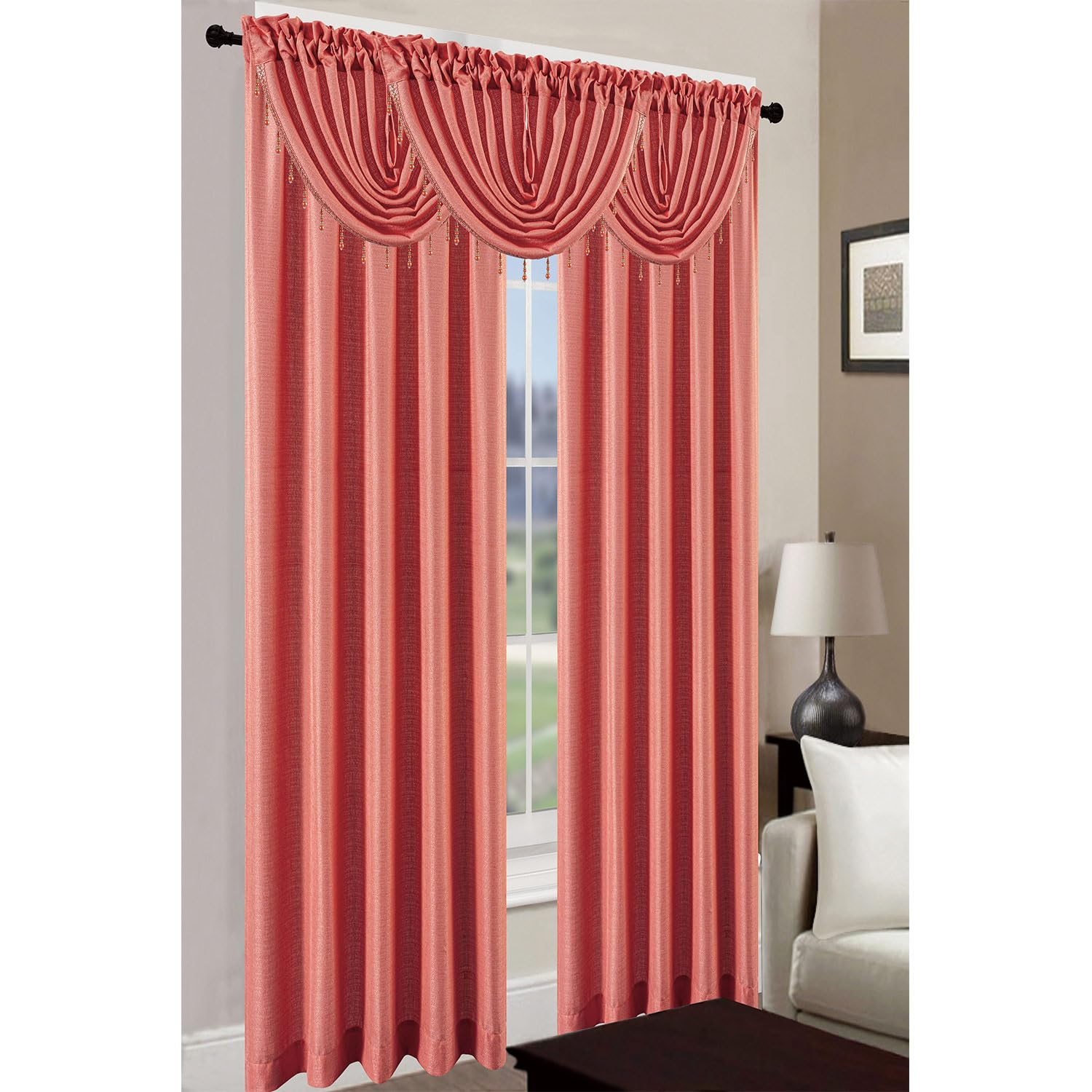 Leah Jacquard Textured Window Panel & Waterfall Valance Treatments, for Home Spaces, Rod Pocket, Light Filtering, All Sold Separately (Coral, Panel - 54x84 Inches)