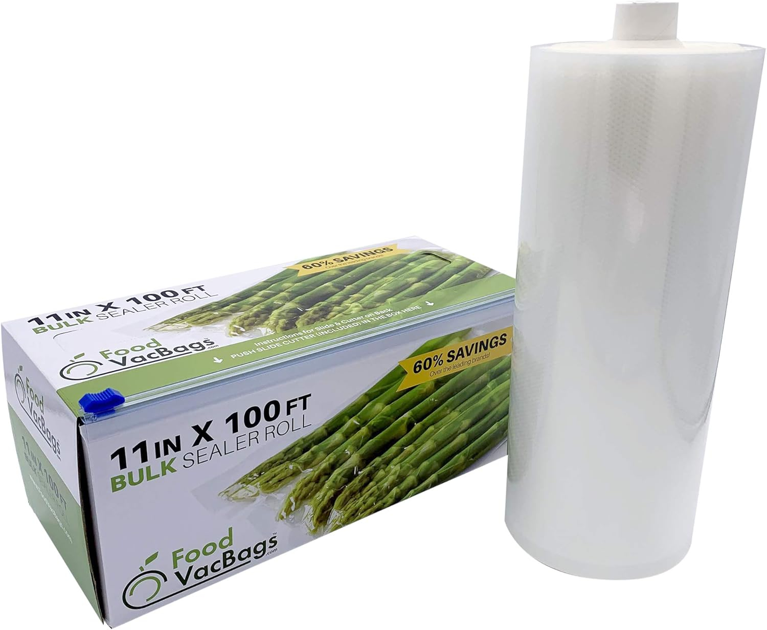 FoodVacBags 11" x 100' Bulk Vacuum Seal Roll - Convenient Dispenser Box with Cutter - Custom Size, Commercial Grade Food Saver Bag Roll - Food Storage, Seal a Meal in Food Sealer Bags