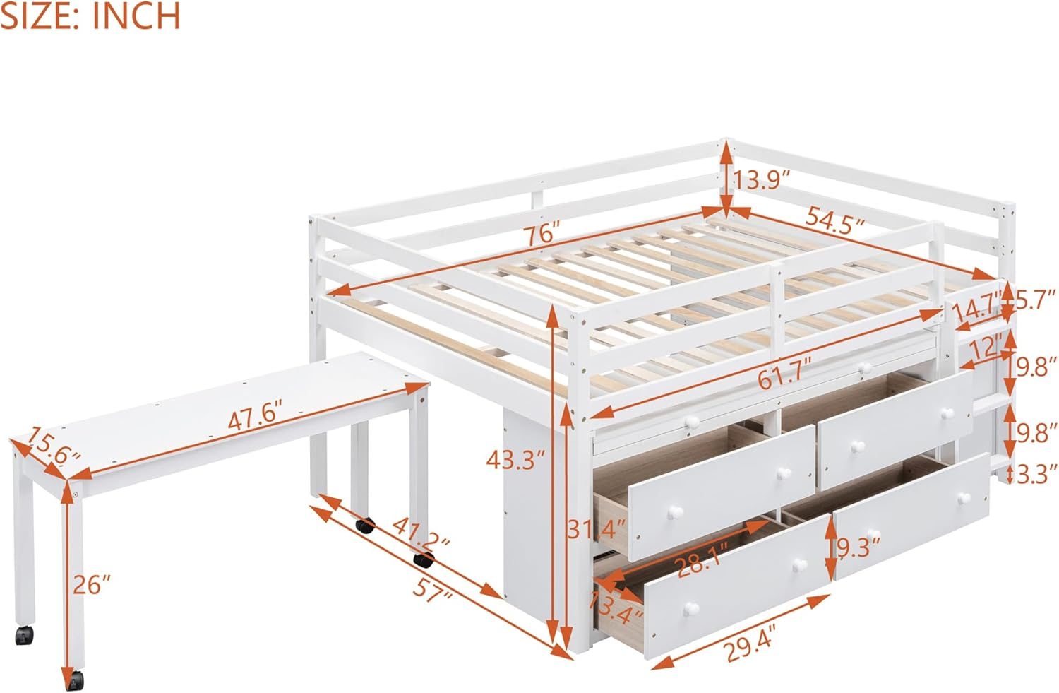 Full Size Low Loft Bed With Storage, Portable Desk & 4 Drawers, Wood Frame With Shelves, Modern Farmhouse Junior Loft for Kids Boys Girls, White