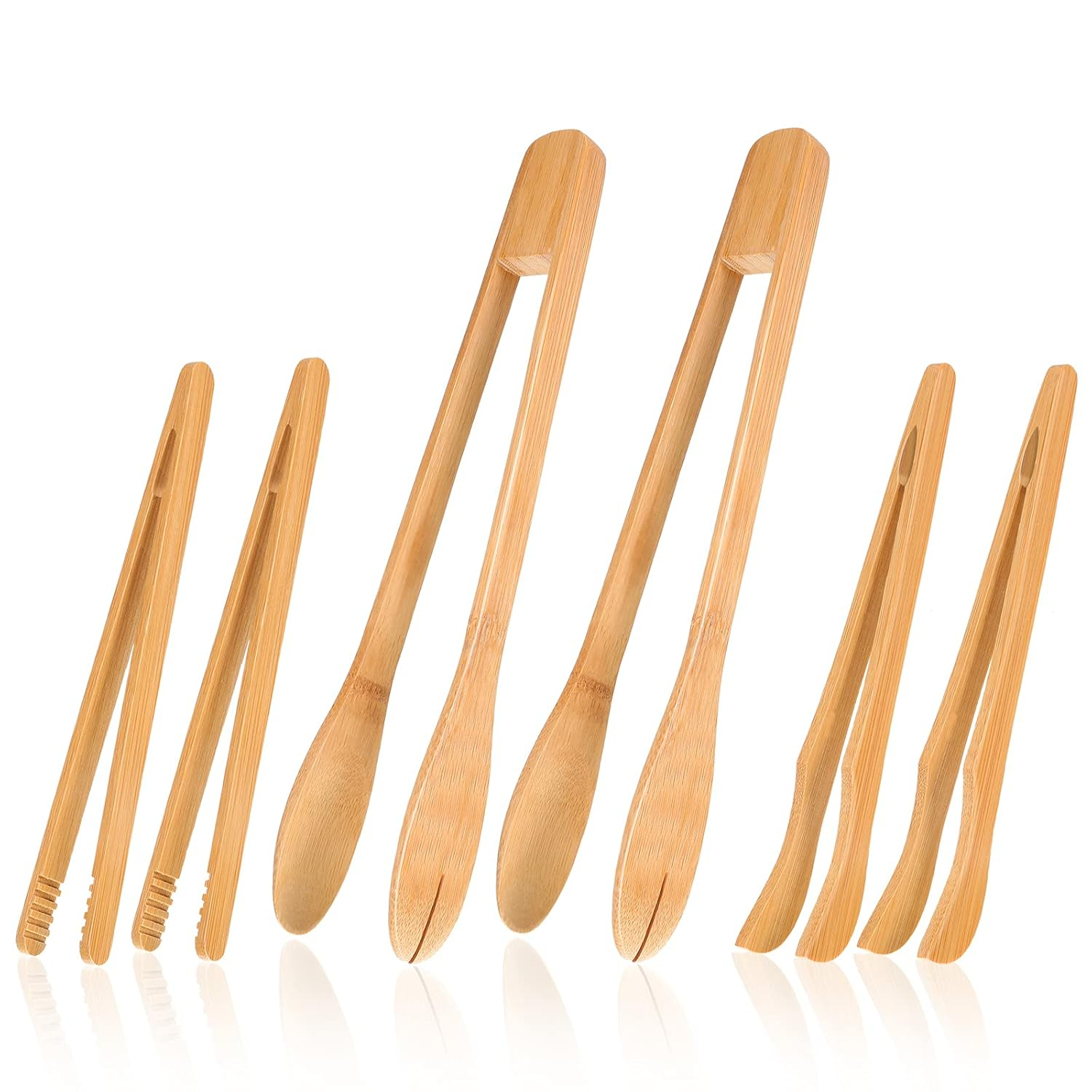 Zopeal 6 Pcs Bamboo Utensils for Cooking Wooden Toaster Tongs Long Kitchen Cooking Salad Tongs for Picking up Cheese Bacon Toast Cake Fruits Bread Spaghetti for Kitchen Women Men