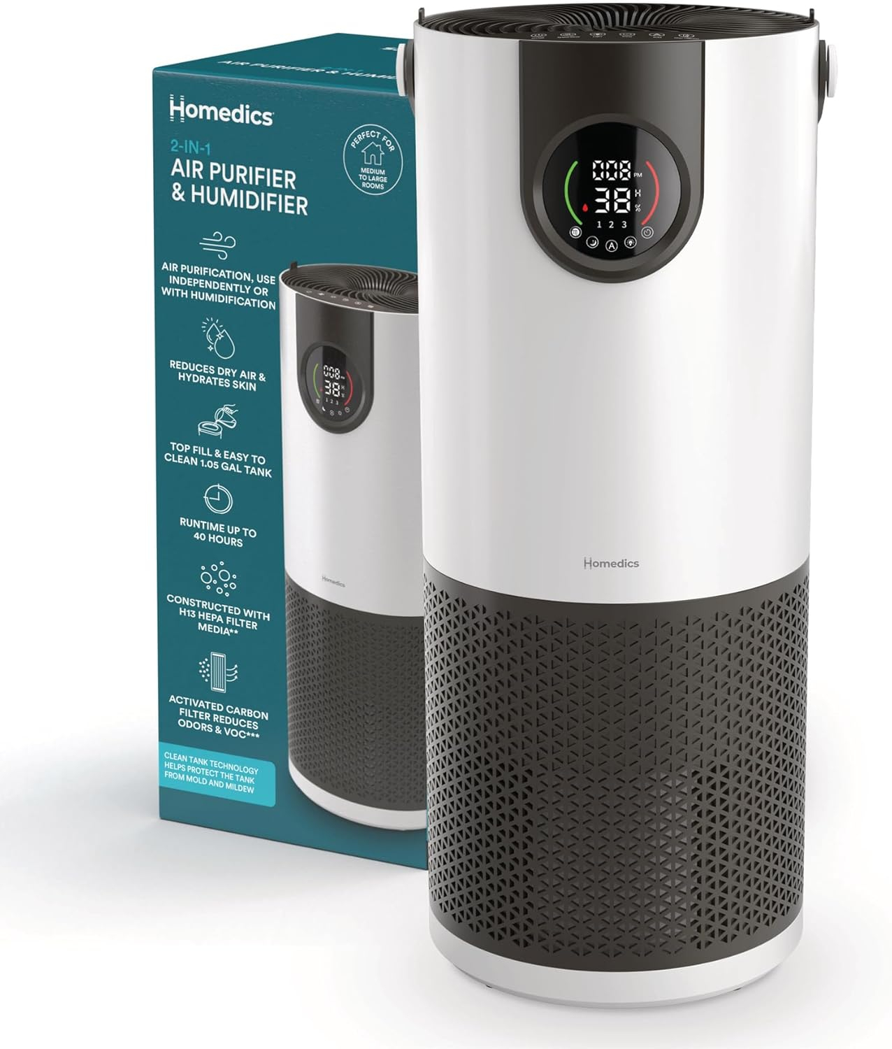 Homedics® 2-in-1 Air Purifier & Humidifier, with Digital Particle Sensor, Color-Coded Indoor Air quality