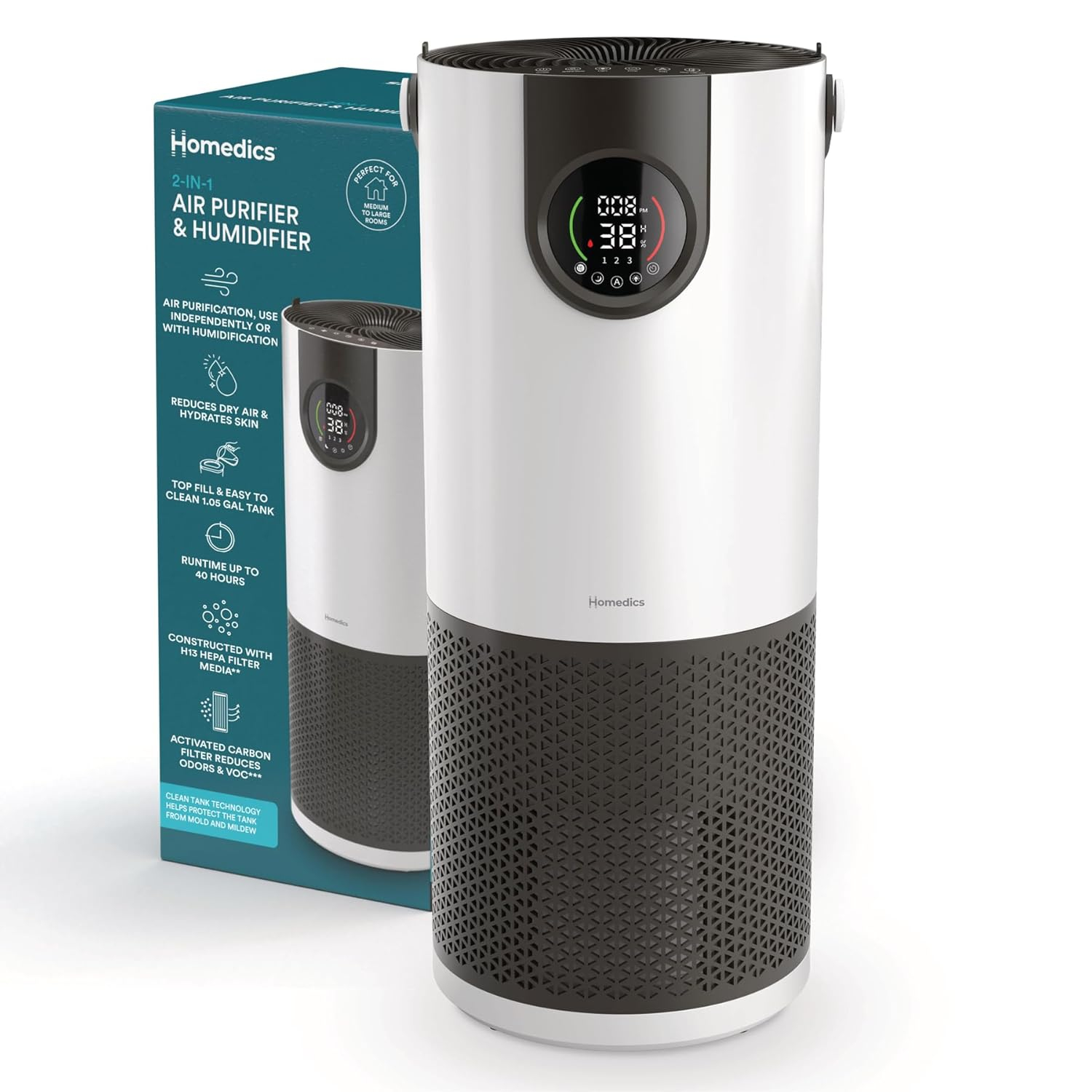 Homedics® 2-in-1 Air Purifier & Humidifier, with Digital Particle Sensor, Color-Coded Indoor Air quality