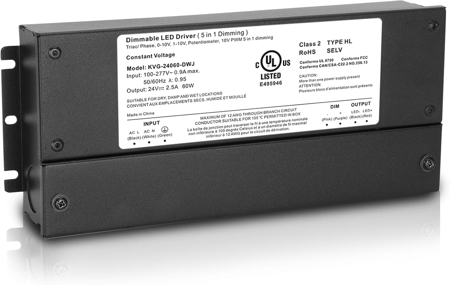 60W Dimmable LED Driver 24V, AC to DC Triac Dimmable Transformer Power Supply, Dimming LED Driver, Compatible with lutron and leviton Dimmer, TRIAC/Phase/0-10V /1-10V/Potentiometer/10V PWM UL Listed