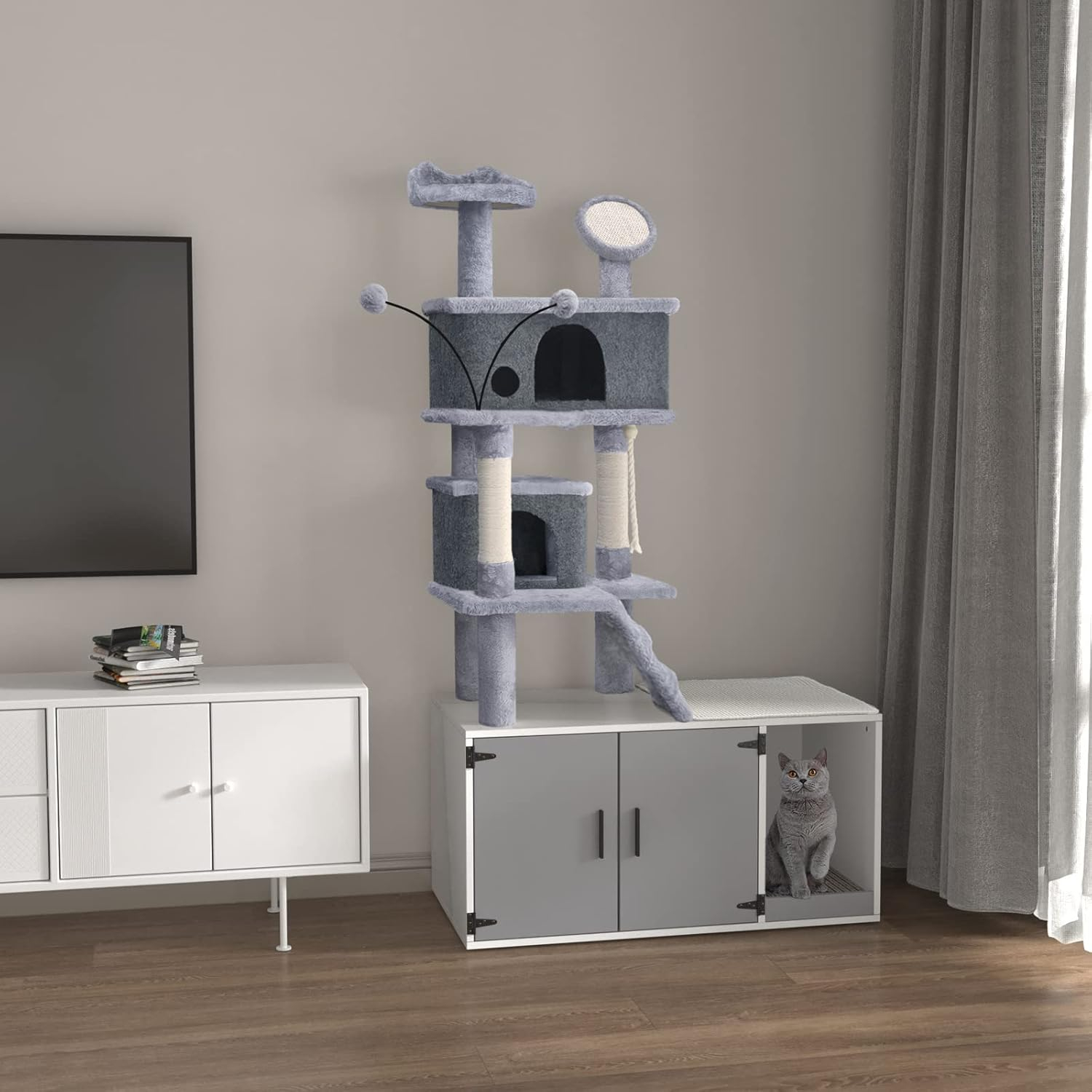 GDLF Cat Litter Box Enclosure Hidden Washroom Tower All-In-One Tree Condo, Grey