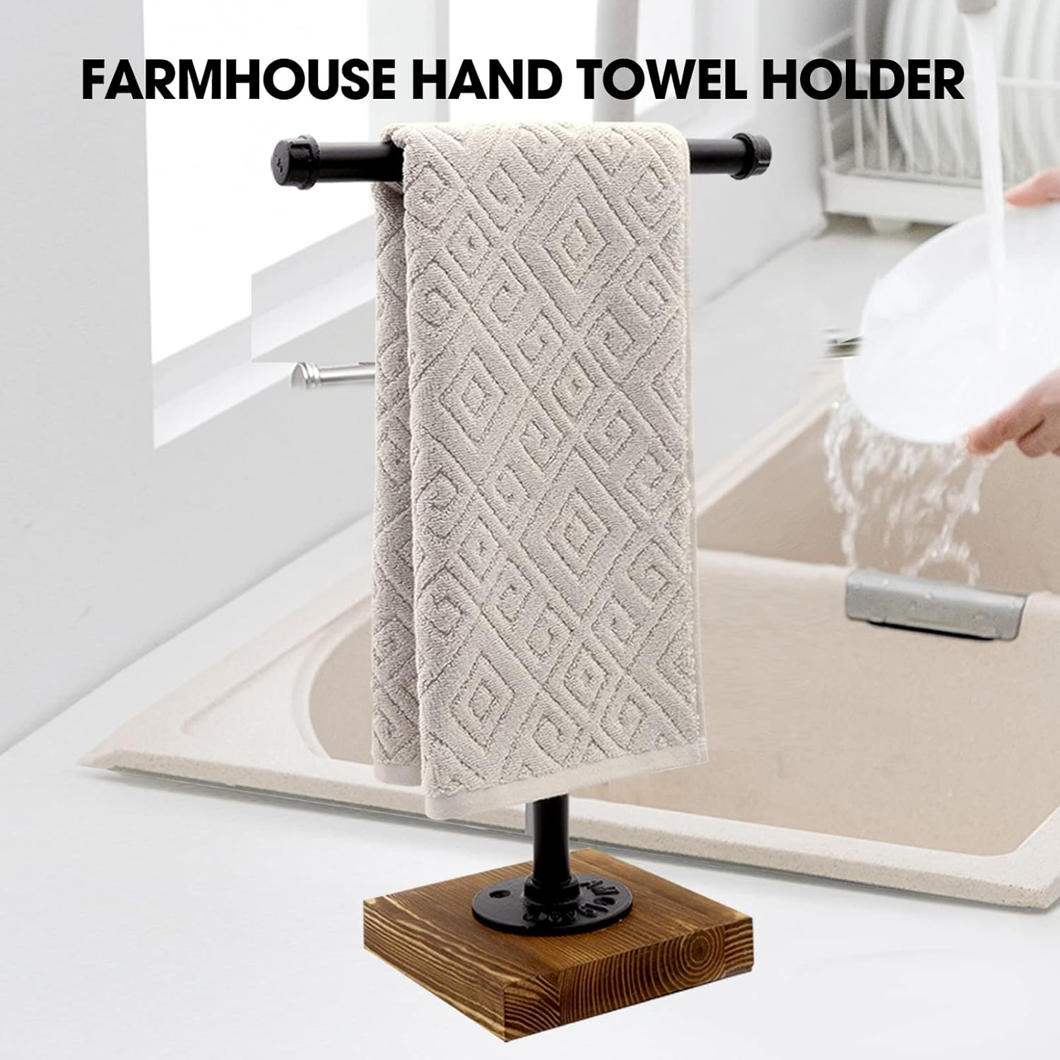 Hand Towel Holder, T-Shape Height 15'' Black Hand Towel Holder Stand, Free Standing Hand Towel Stand for Bathroom Countertop