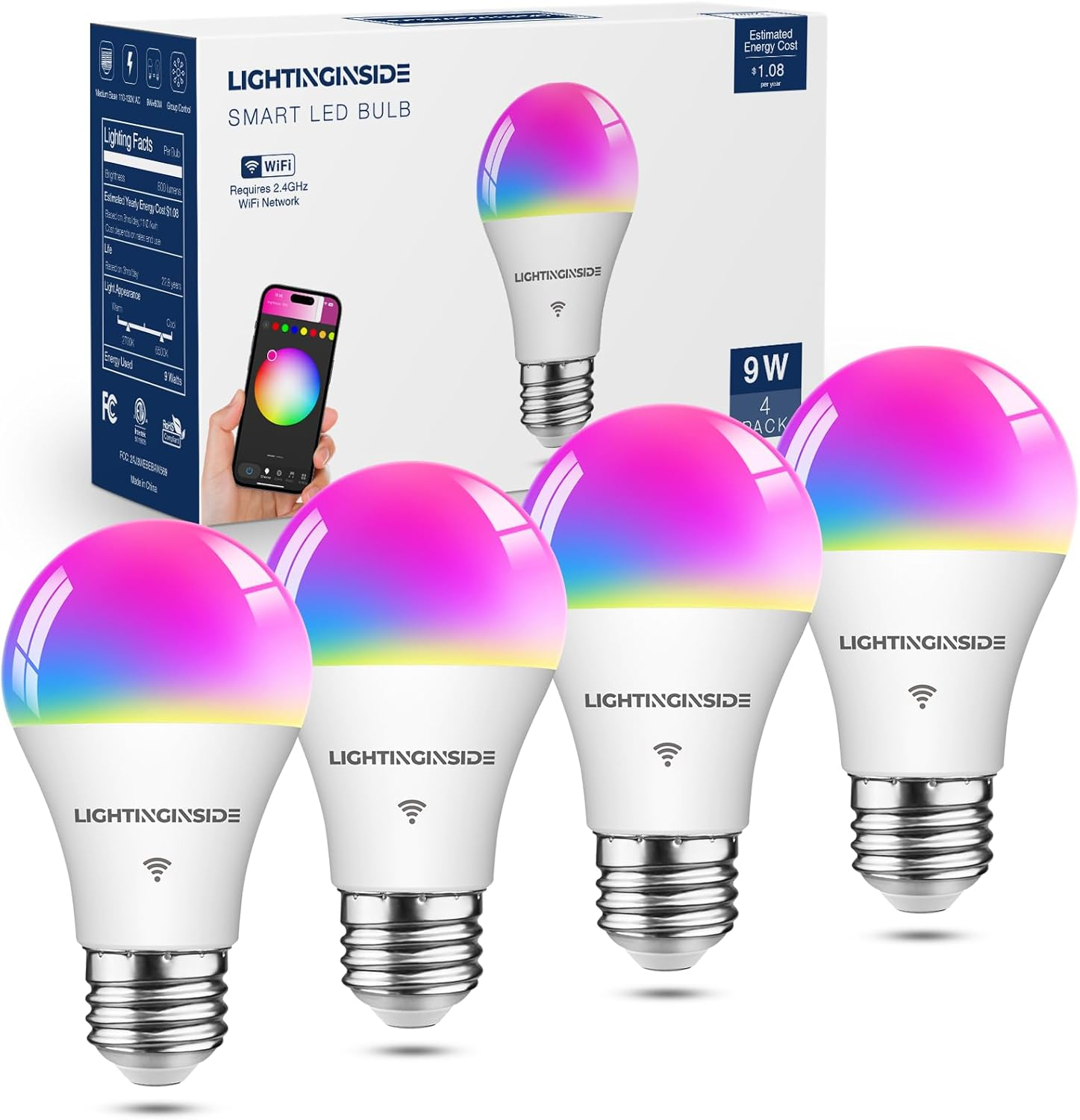 Candelabra Smart Light Bulbs 60W Equivalent, 500LM 6W E12 LED Bulb Compatible with Alexa/Google Home, RGBCW Candle Bulb for Chandelier, No Hub Required, 2.4G WiFi Only, ETL Listed, 1PC