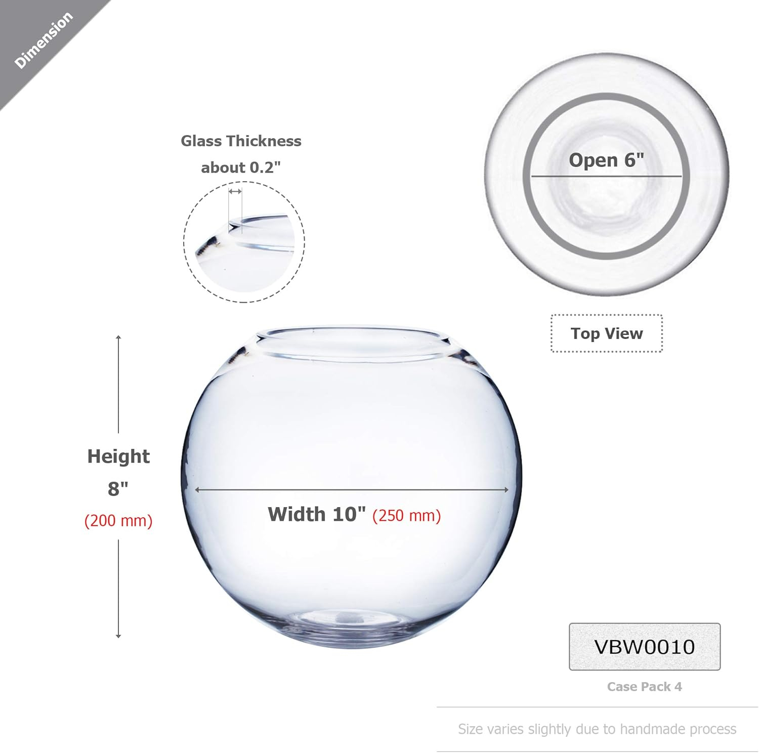 WGV Bowl Glass Vase, Diameter 10", Height 8", Open Width 6", (Multiple Sizes Choices) Clear Bubble Planter Terrarium Fish Bowl for Wedding Event Home Decor, 1 Piece (VBW0010)