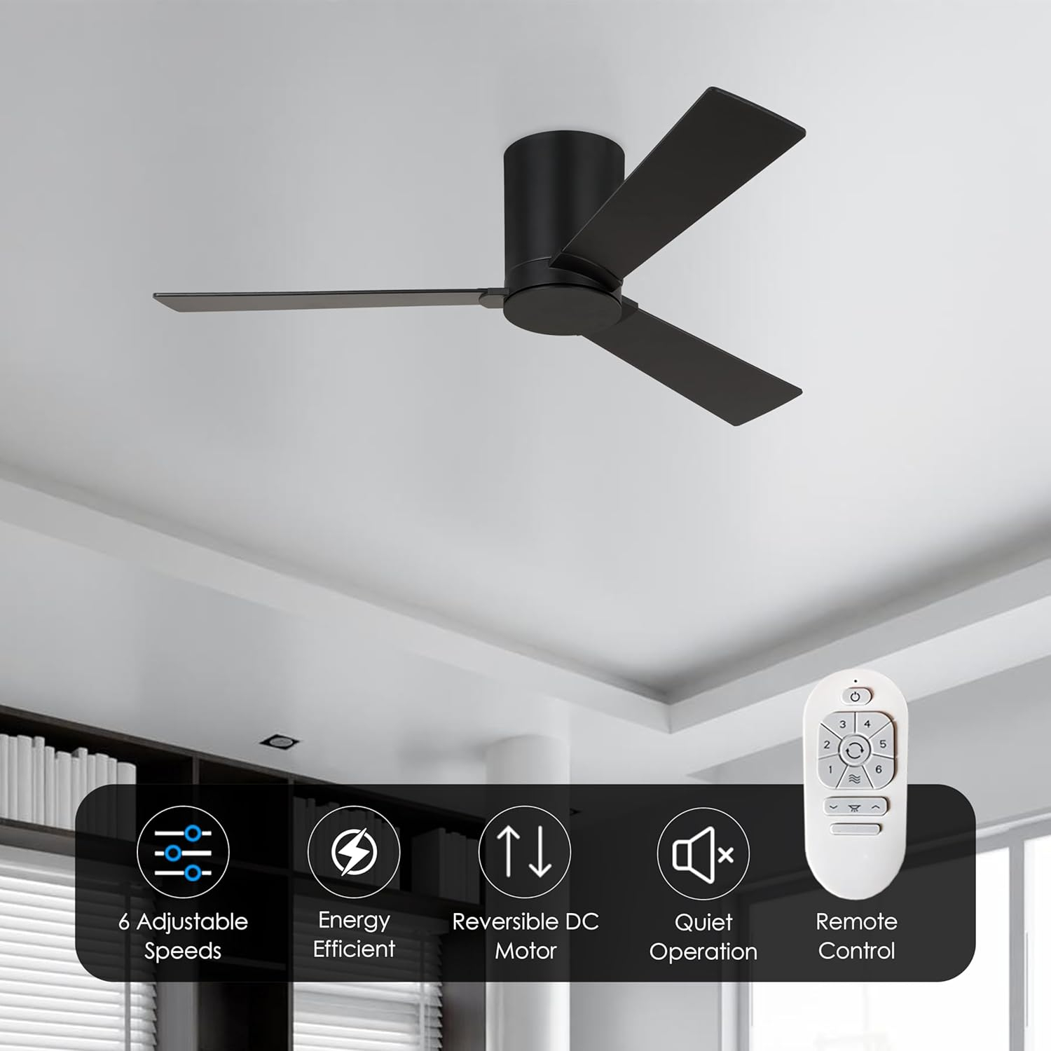 Monte Carlo 3RZHR52MBK Rozzen Hugger 52" Black Ceiling Fan with Remote Control, Reversible DC Motor, Damp Rated, 3 Reversible Blades (Midnight Black and American Walnut)