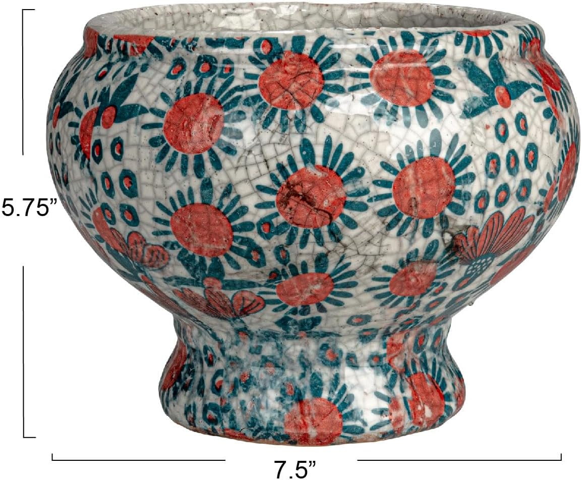 Creative Co-Op Decorative Printed Terra-cotta Footed Planter and Crackle Glaze, Multicolor