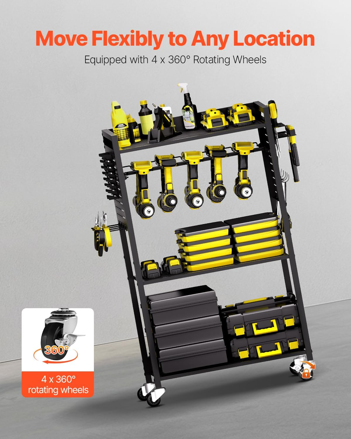 VEVOR 4-Tier Tool Organizer Cart, 150 lbs Load Capacity, Floor Stand Rolling Drill Holder and Stability Storage Rack, Heavy Duty Garage Floor Rolling Storage Cart for Workshop, Garage, Black