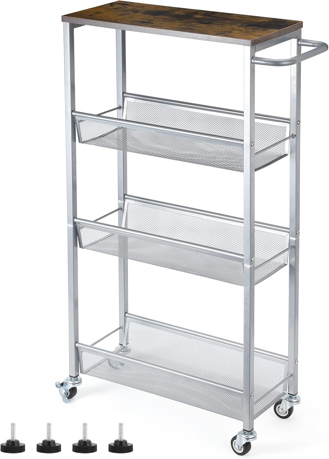 NANANARDOSO 4 Tier Slim Storage Cart, Shelving Unit for Small Space, Rolling Cart with Wooden Top and Metal Handle for Narrow Space on Kitchen, Bathroom, Laundry Room, Black.