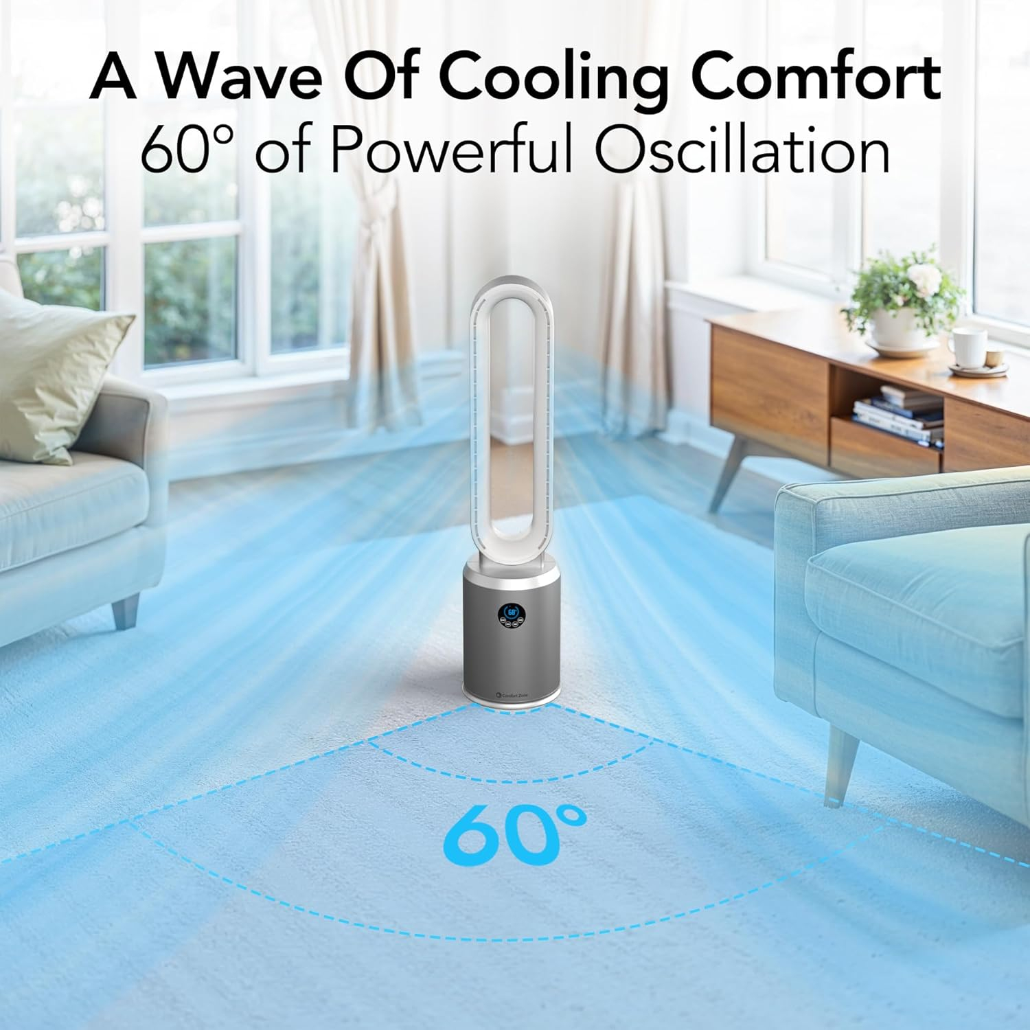 Comfort Zone 40" Bladeless Tower Fan with Remote Control, 9H Timer, Wide Area Oscillation, Push Button Digital Display, 3 Speeds, Silver