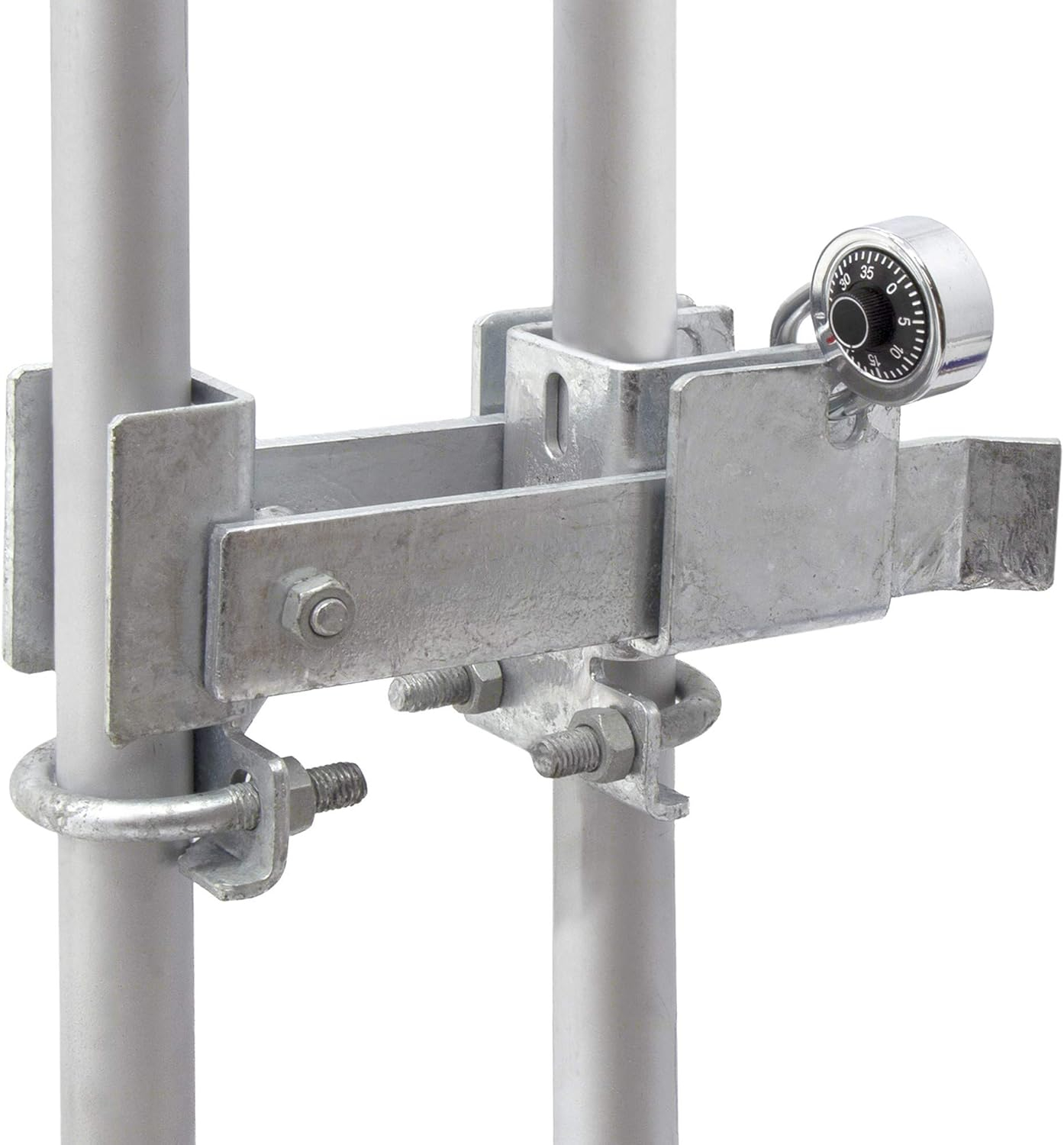Chain Link Fence Commercial Strong Arm Double Gate Latch for 1-5/8" thru 2" Gate Frames Pipe Sizes. Use this Double Gate Latch Where 2 Gates Swing Together.