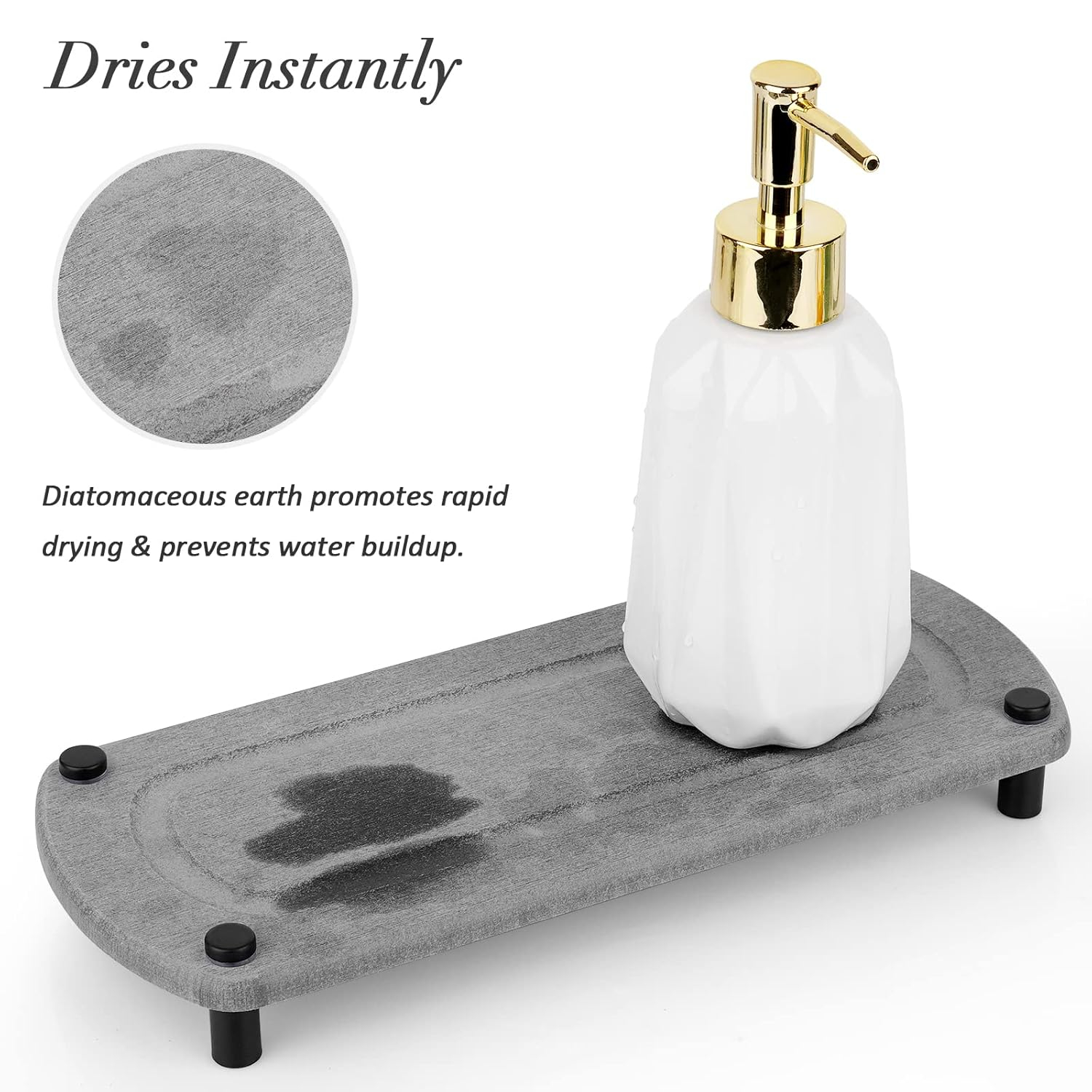 Sink Caddy Instant Dry Kitchen Sink Organizer Sponge Holder for Kitchen Sink Diatomaceous Pedestal Stand Riser with Stainless Steel Feet Protection for Modern Home (Grey)