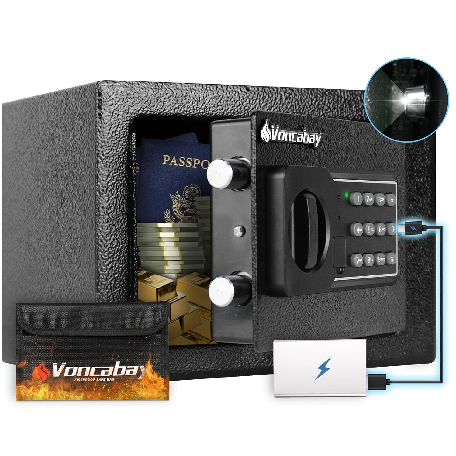 Voncabay Money Safe Box for Home with Sensor Light and Mute Function & Fireproof Security Safe Box with Emergency Power Outlet & with Digital Keypad-khaki