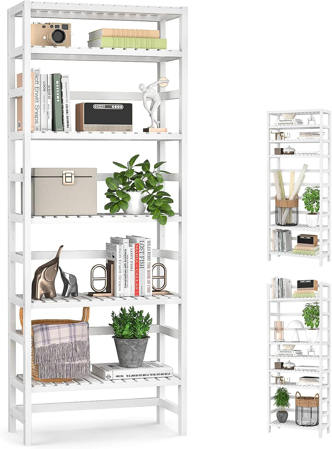 Bookshelf,6 Tier Bamboo Adjustable Bookshelves,Tall Bookcase Shelf Storage Organizer,Free Standing Storage Shelving Unit for Living Room,Bedroom,Bathrrom and Home Office,White