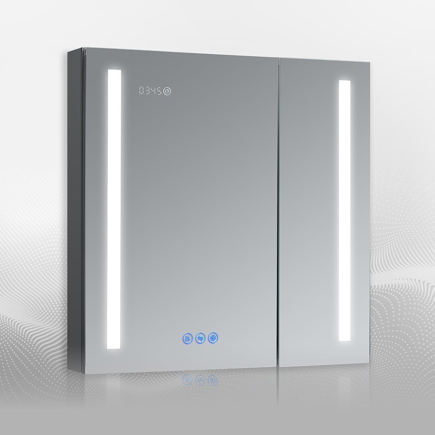 DECADOM LED Mirror Medicine Cabinet Recessed or Surface, Dimmer, Clock, Room Temp Display, Dual Outlets (Duna 36x32)
