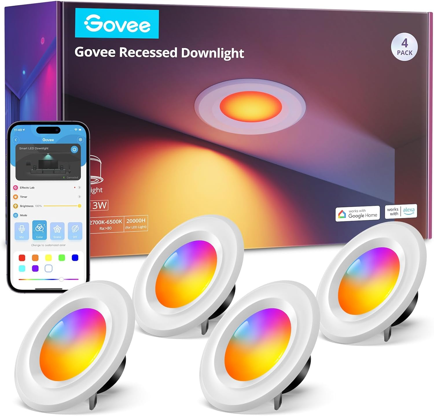 Smart RGBWW LED Recessed Downlight with App Control, 4 Pack