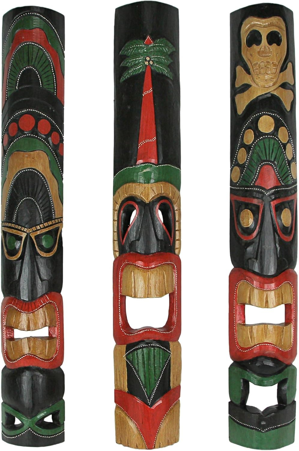 Set of 3 Hand Carved Polynesian Style Tiki Wall Hanging Masks - Unique 39.5-Inch Carvings for Home, Patio, or Tiki Bar Decor - Handcrafted with Lively Island Colors