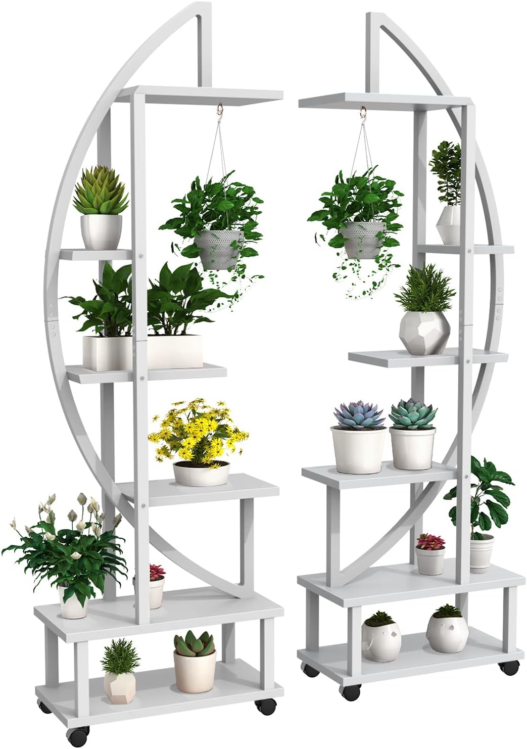 2 Pcs 6 Tier Tall Metal Indoor Plant Stand with Detachable Wheels, Plant Shelf Holder for Outdoor Clearance with Hanging Loop, Half-Moon-Shaped Multi-Purpose Plant Stands for Home Decor, Balcony,