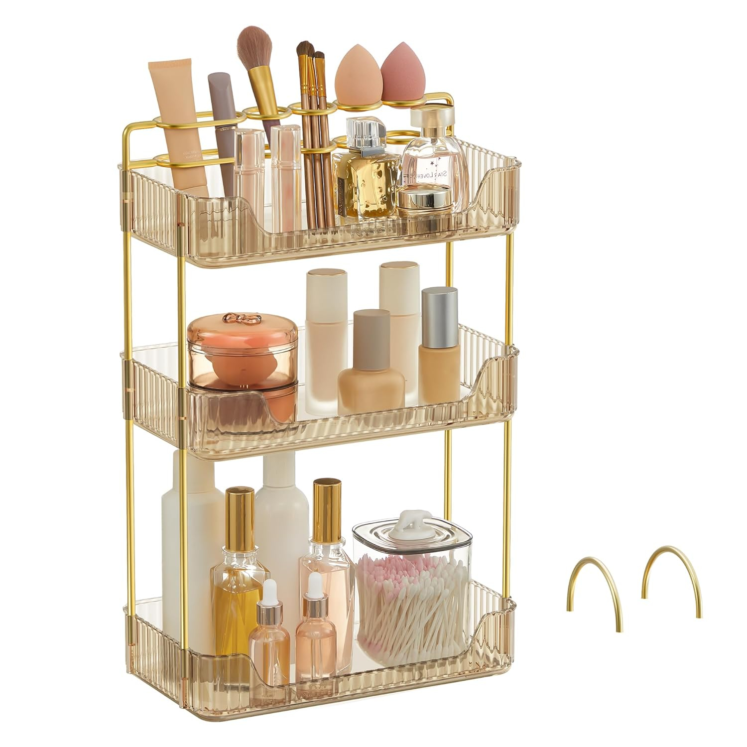 SONGMICS Makeup Organizer, 3-Tier Skincare Organizer Countertop, Customizable, 2 Types of Accessories, Jewelry Holder, for Vanity, Bedroom, Bathroom, Cloud White UJKA013W02