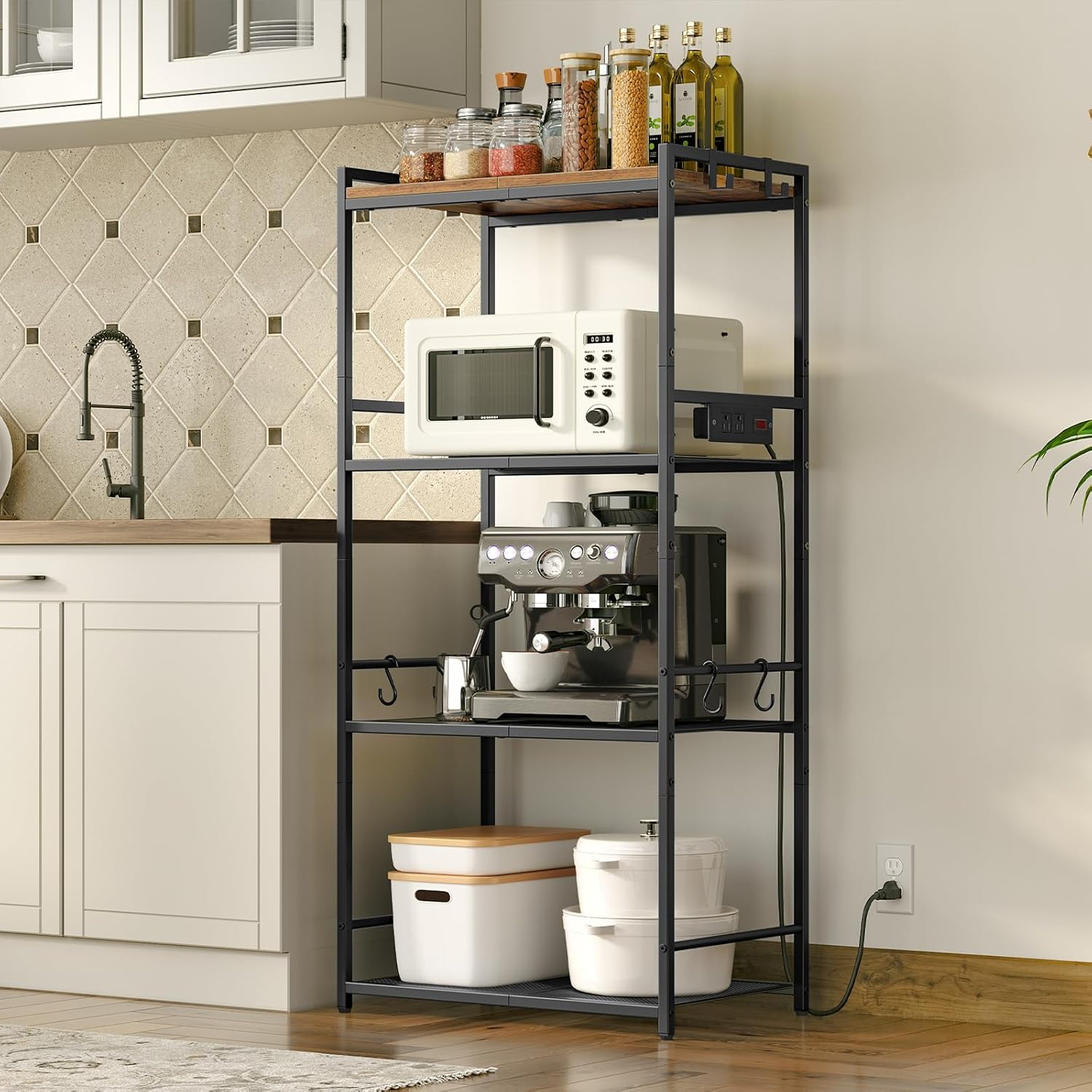 Bakers Rack with Power Outlet, Microwave Stand with Hooks, Multifunctional Storage Rack, Coffee Bar with Enclosure, Kitchen Storage Shelf, for Kitchen, Dining Room, Rustic Brown BRHR40E01N1