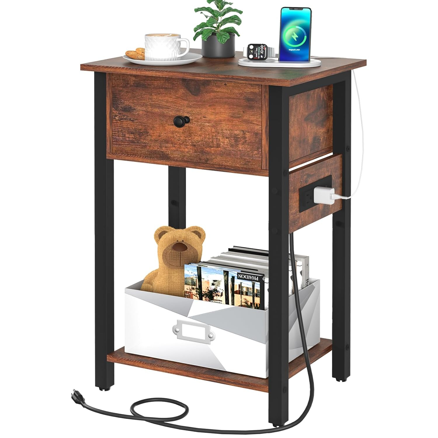 Yoobure Nightstand with Charging Station, Bedside Tables with Large Drawer and Storage Shelf, Bed Side Table/Night Stand with USB Ports & Outlets, Industrial Side Table End Table for Bedroom, White