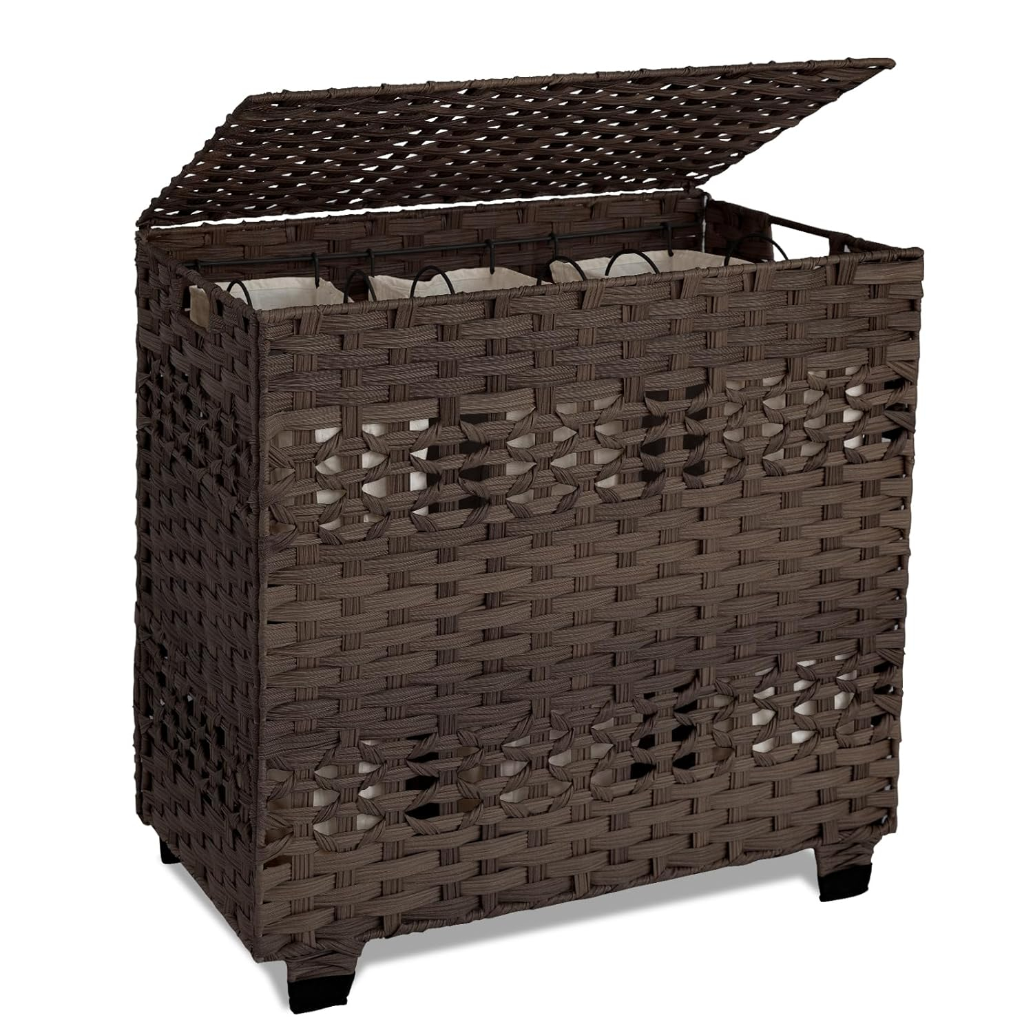 OIAHOMY Laundry Hamper with Lid, 140L Clothes Hamper with 3 Removable Liner Bags, Foldable Basket with Lid, Synthetic Wicker Laundry Basket for Bedroom, 27x 13 x 26 Inches, Brown