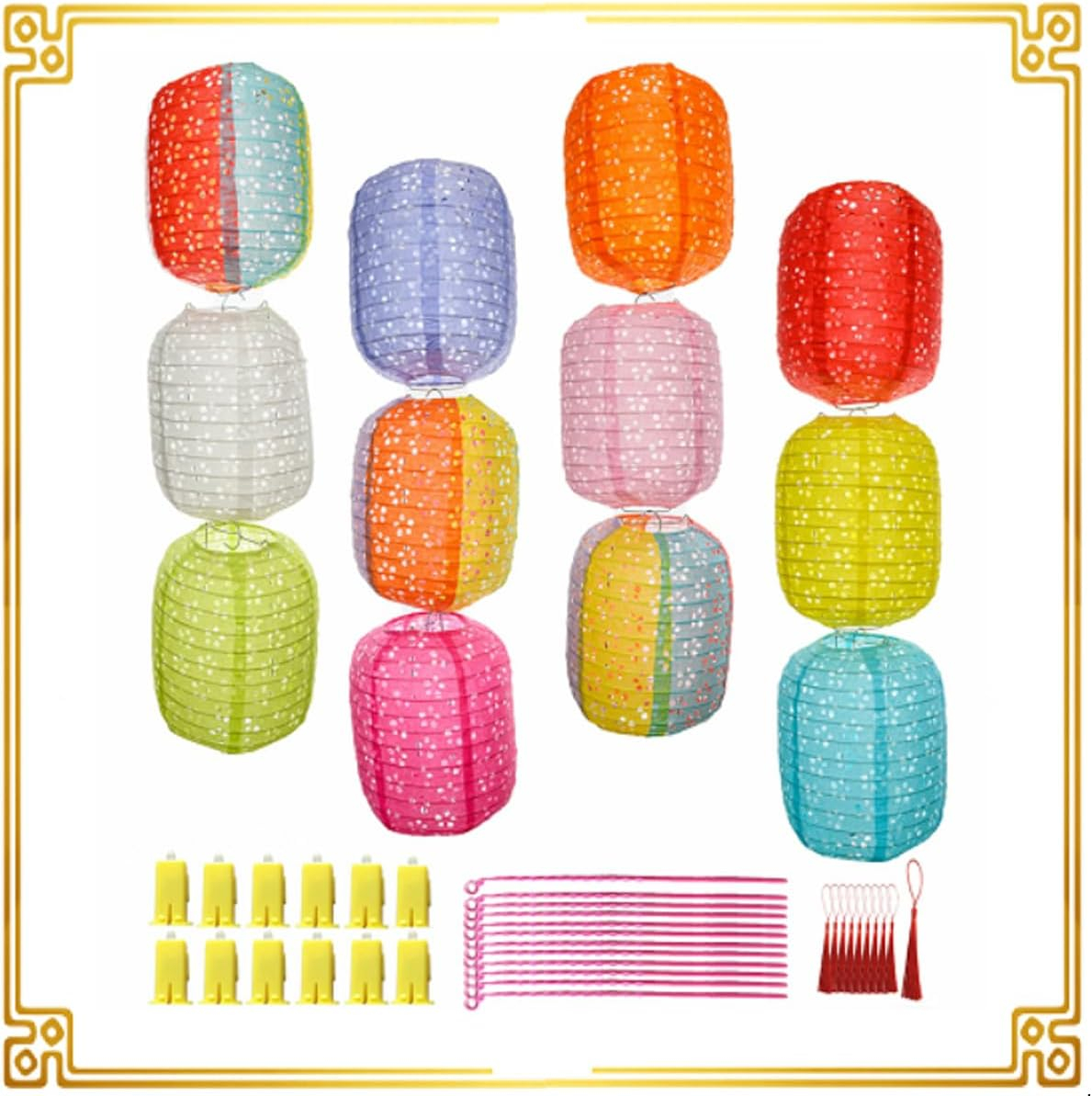 12Pcs Chinese Paper Lanterns with LED Lights, Hollow Out Hanging Asia Japanese Paper Lamps with Tassels Walking Sticks 8 In Lanterns for Chinese New Year Lanterns Decorations(oval-shaped)