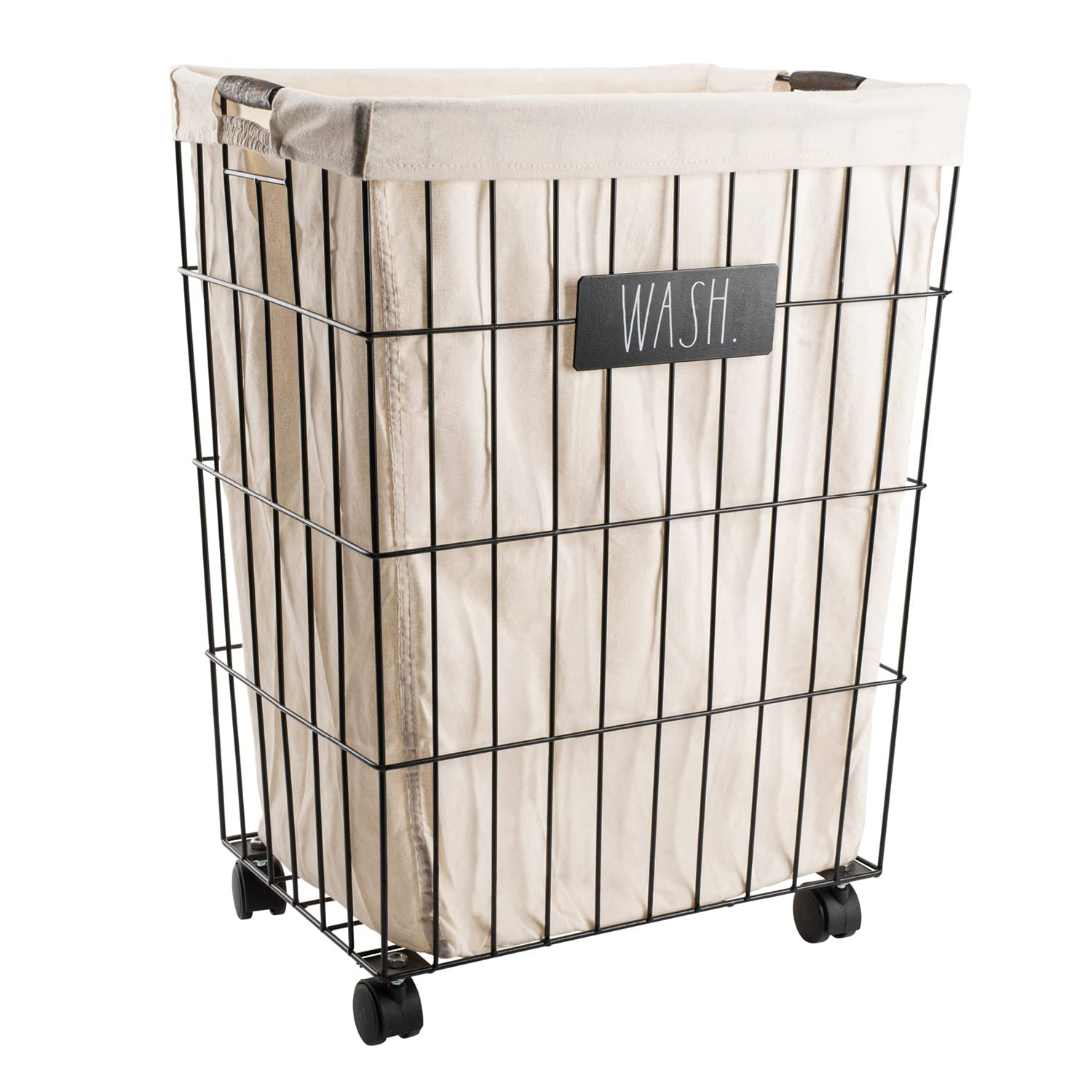 Black Metal Wire Laundry Hamper with Beige Cloth Liner and Wheels