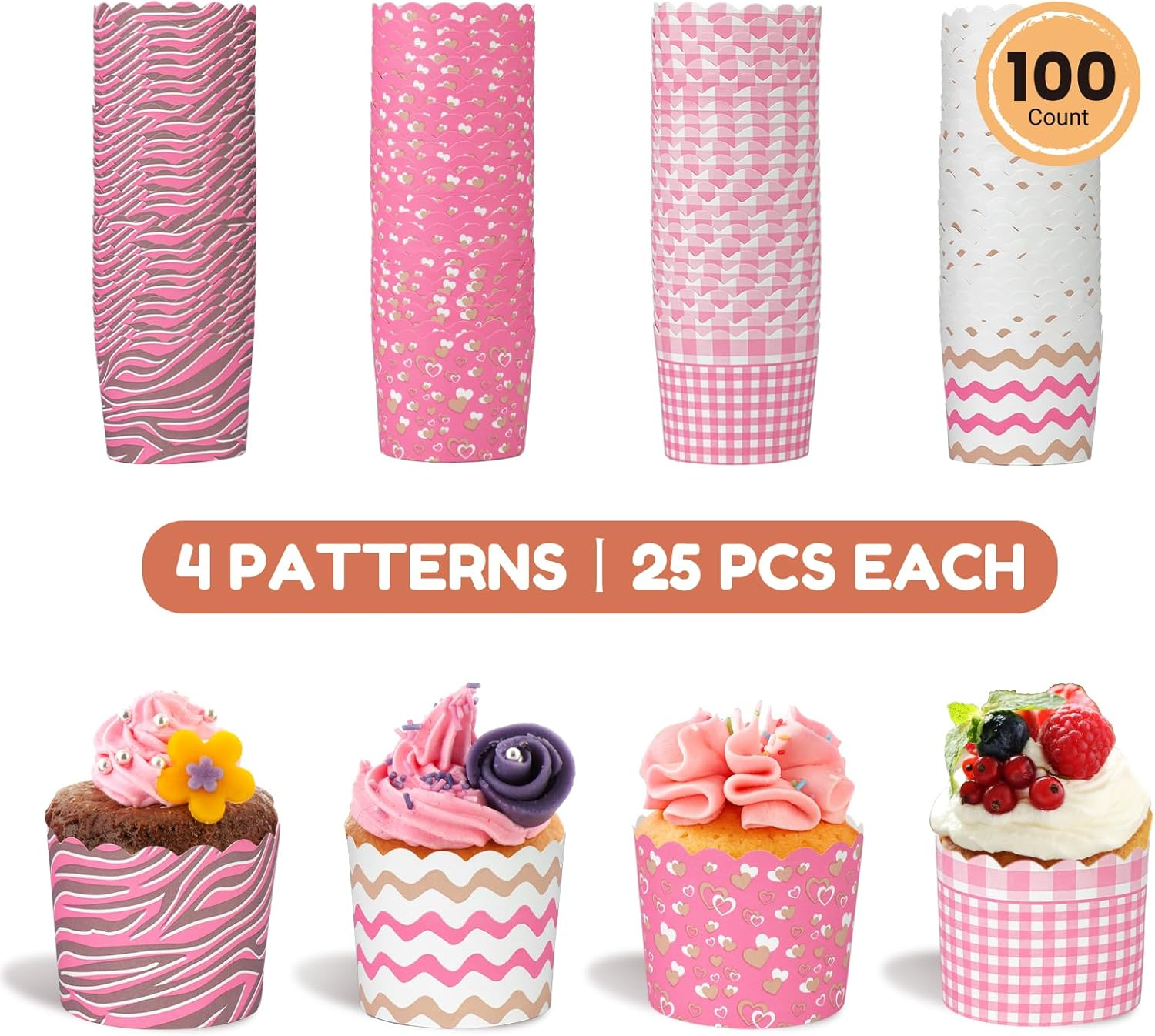 100pcs Baking Paper Cupcake & Muffin Liners - 2.4 Inches, No Baking Pan Needed, Thick & Sturdy, High Temperature & Oil Resistant, Non-stick - Pink Serie 4 Patterns, Model BK011