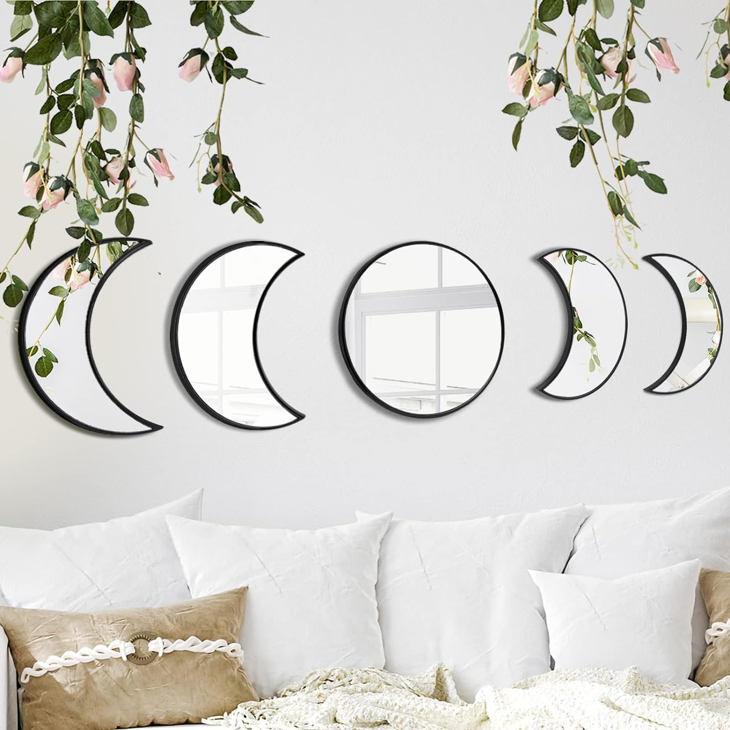 YUBAIHUI Moon Phase Mirror Set, 5pcs Boho Moon Wall Decor for Home Bohemian Bedroom Decoration Living Room Decor, Acrylic Mirror,Not Real Mirror