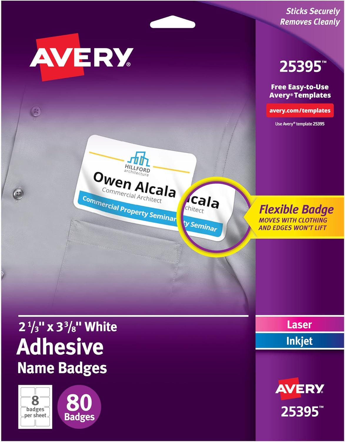 Avery Name Badge Labels, 2-1/3" x 3-3/8", Film, White, Adhesive, Laser/Inkjet, 80 Badges (25395)